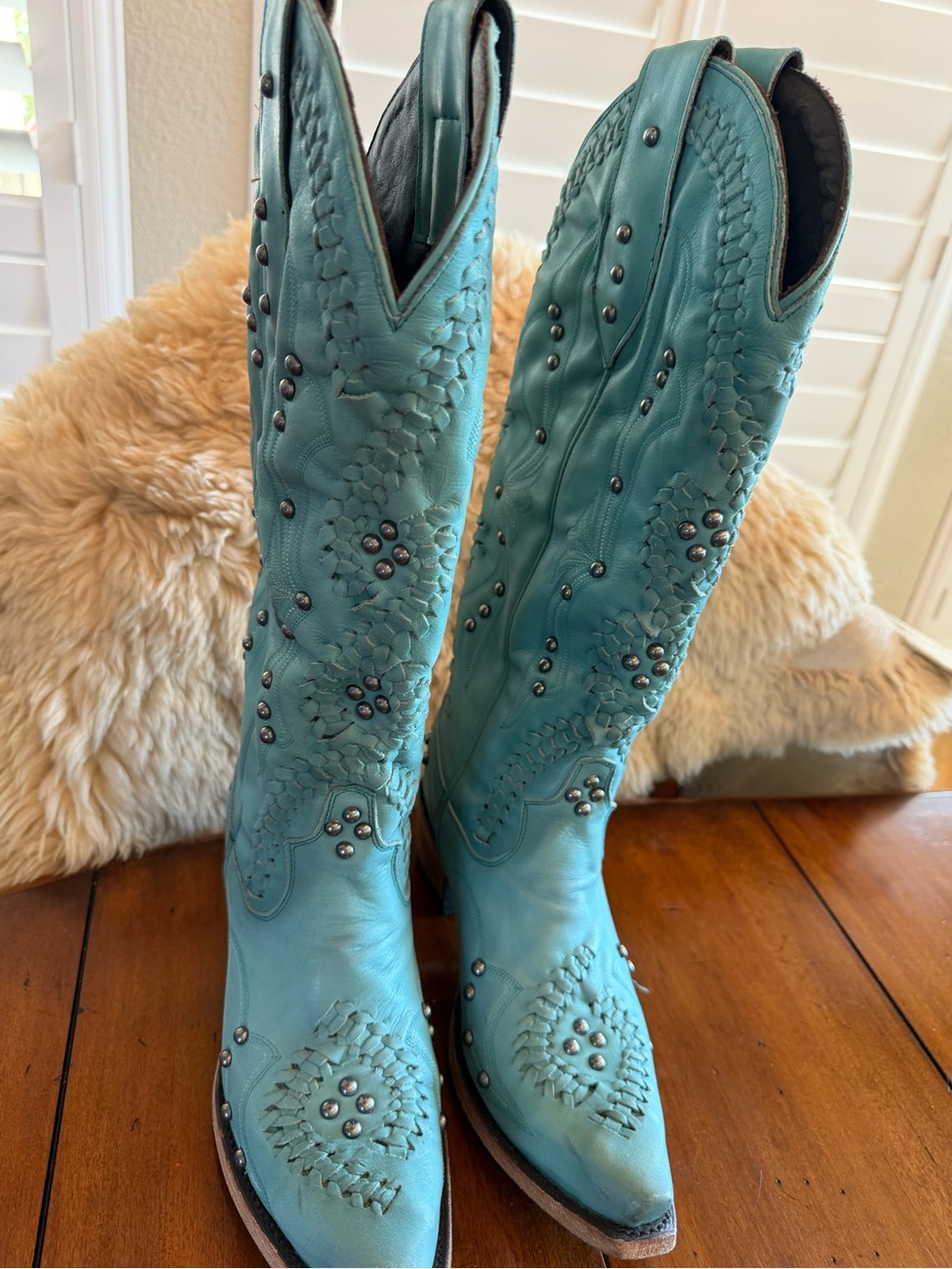 Turquoise Studded Western-Style Knee High Boots - Women